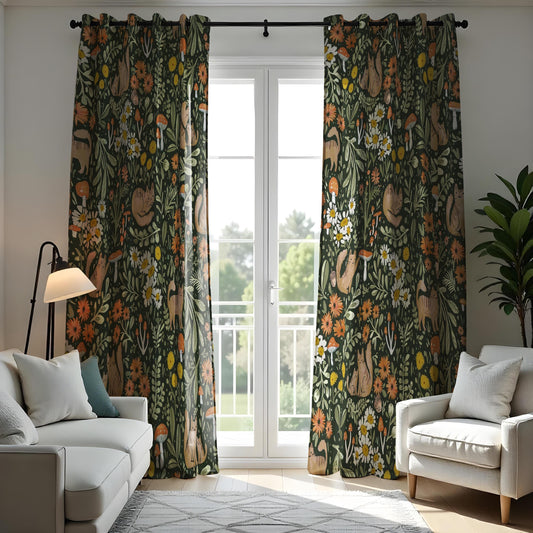 Floral & Fox Print Curtain, Botanical Pattern Window Treatment