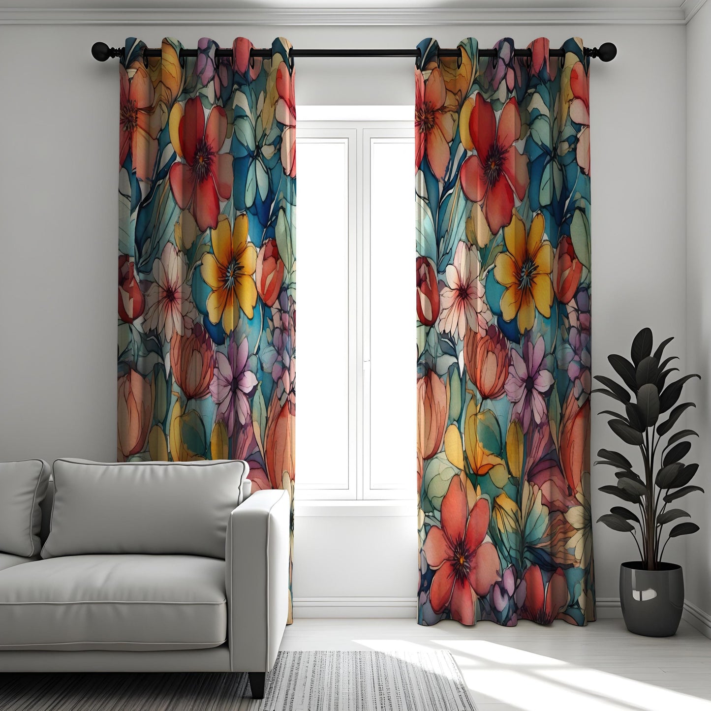 Colorful Floral Curtains, Vibrant Blossoms Drapes