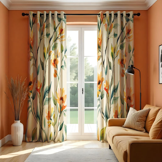 Bright Floral Watercolor Curtain, Yellow&Orange Flowers with Green Leaves Drape