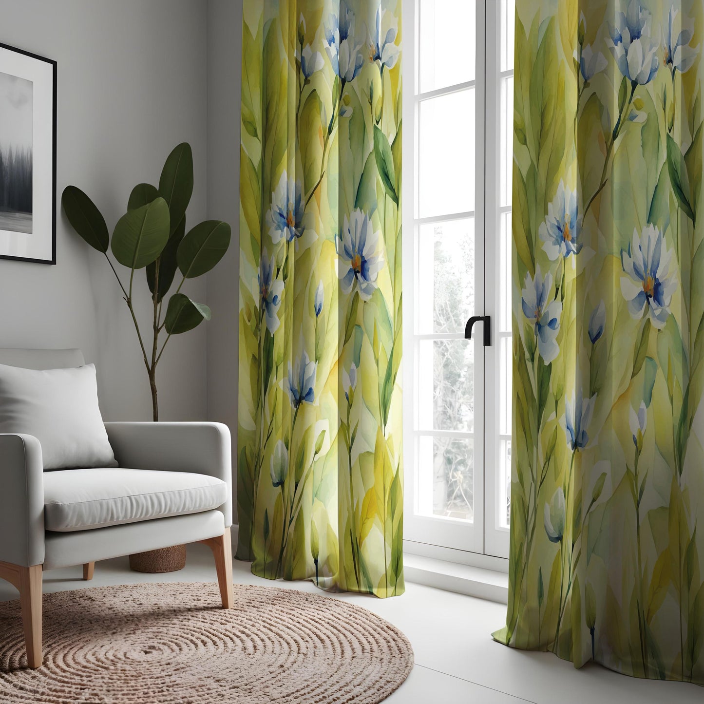 Soft Floral Watercolor Curtain, White & Blue Flowers with Green Leaves Drape