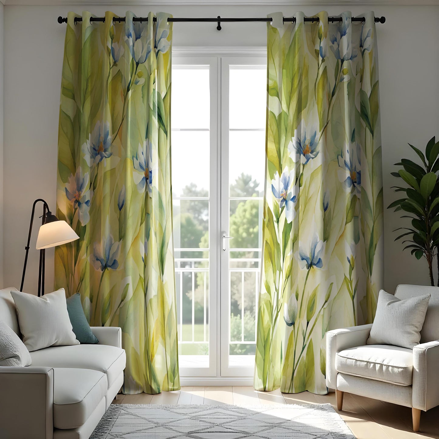Soft Floral Watercolor Curtain, White & Blue Flowers with Green Leaves Drape