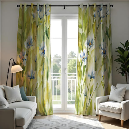 Soft Floral Watercolor Curtain, White & Blue Flowers with Green Leaves Drape