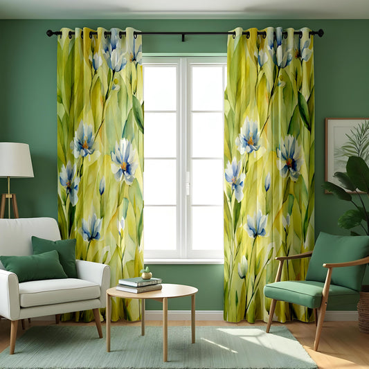 Soft Floral Watercolor Curtain, White & Blue Flowers with Green Leaves Drape