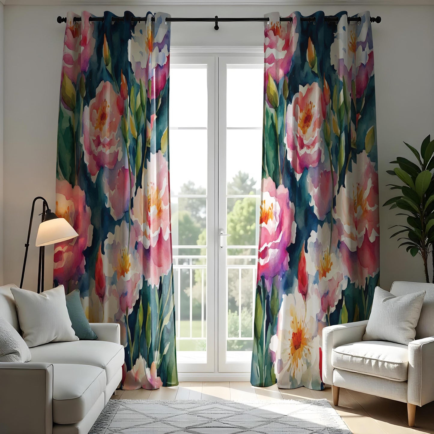 Floral Watercolor Curtain, Pink & White Peony Drape with Green Leaves