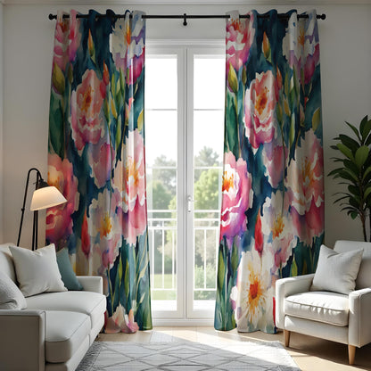 Floral Watercolor Curtain, Pink & White Peony Drape with Green Leaves