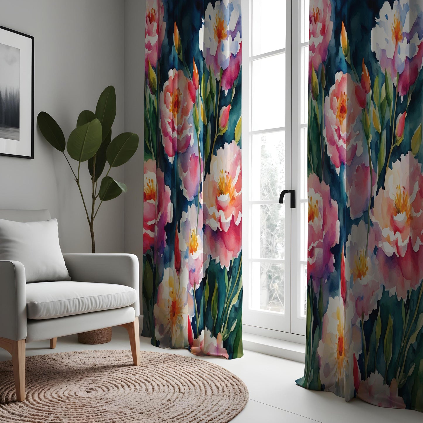 Floral Watercolor Curtain, Pink & White Peony Drape with Green Leaves