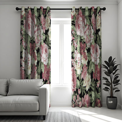 Classic Floral Curtain, Pink Roses & Green Leaves Drape