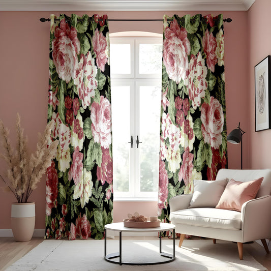 Classic Floral Curtain, Pink Roses & Green Leaves Drape