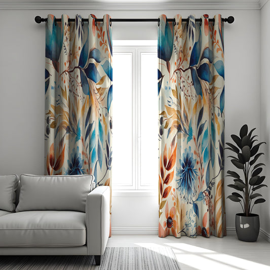 Colorful Watercolor Floral Curtain, Orange & Yellow Leaves Drape