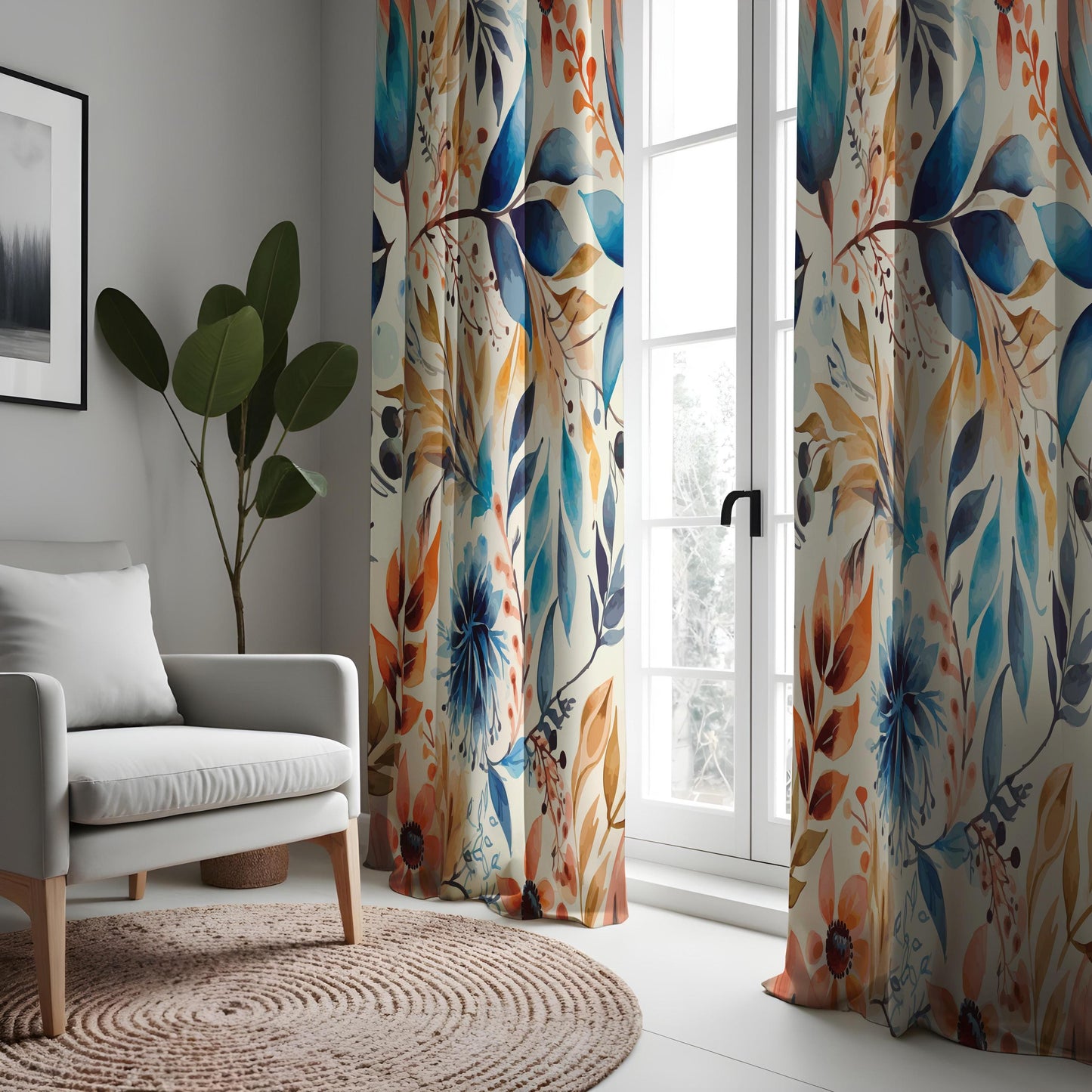 Colorful Watercolor Floral Curtain, Orange & Yellow Leaves Drape