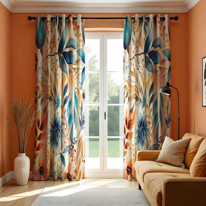 Colorful Watercolor Floral Curtain, Orange & Yellow Leaves Drape