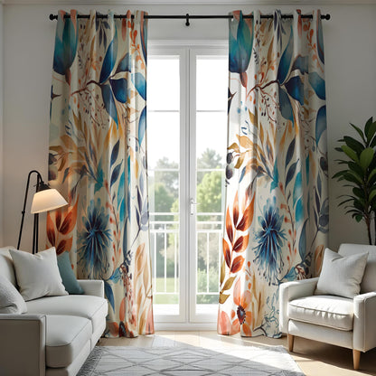 Colorful Watercolor Floral Curtain, Orange & Yellow Leaves Drape