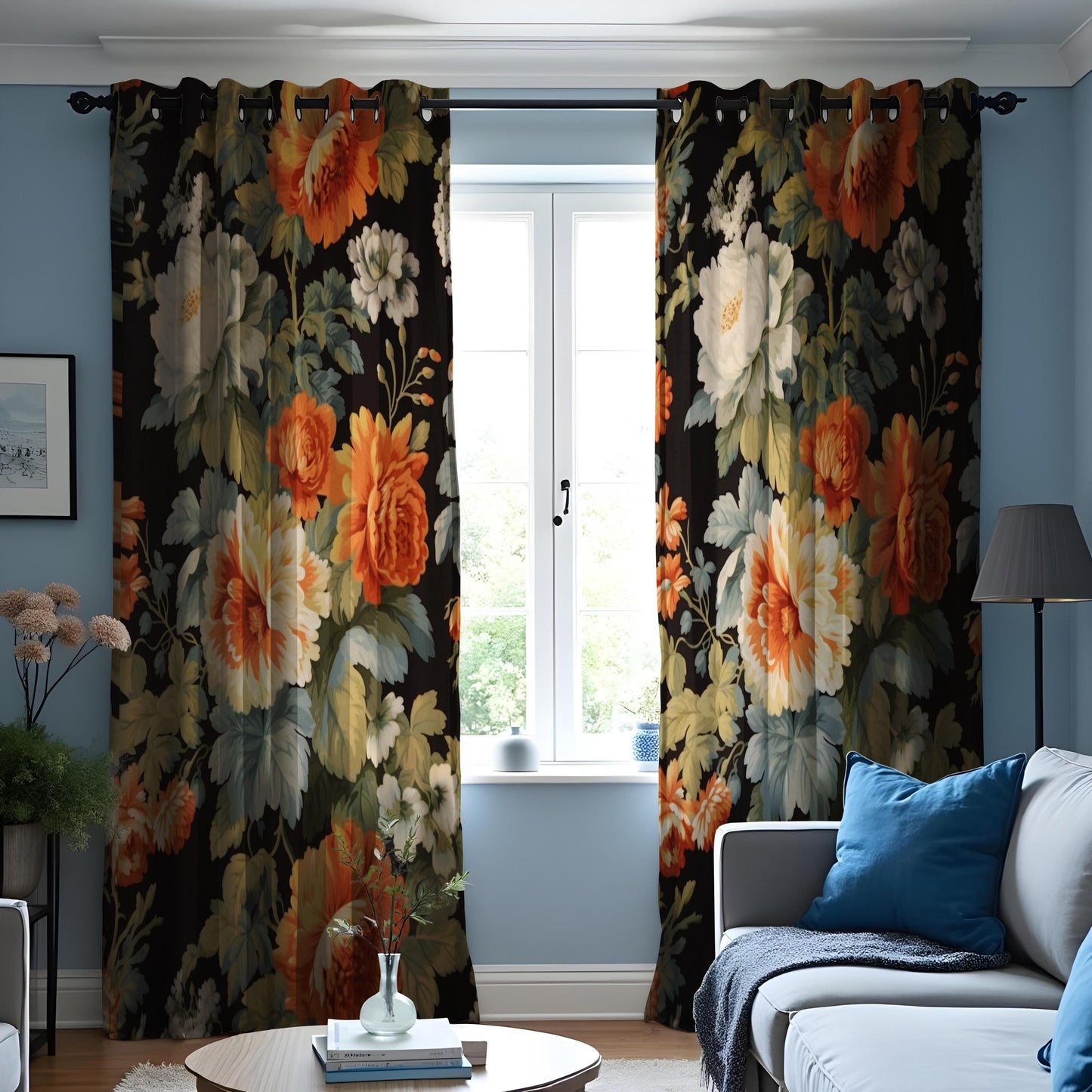 Farmhouse Floral Curtain, Orange & White Flowers Drape