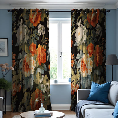Farmhouse Floral Curtain, Orange & White Flowers Drape