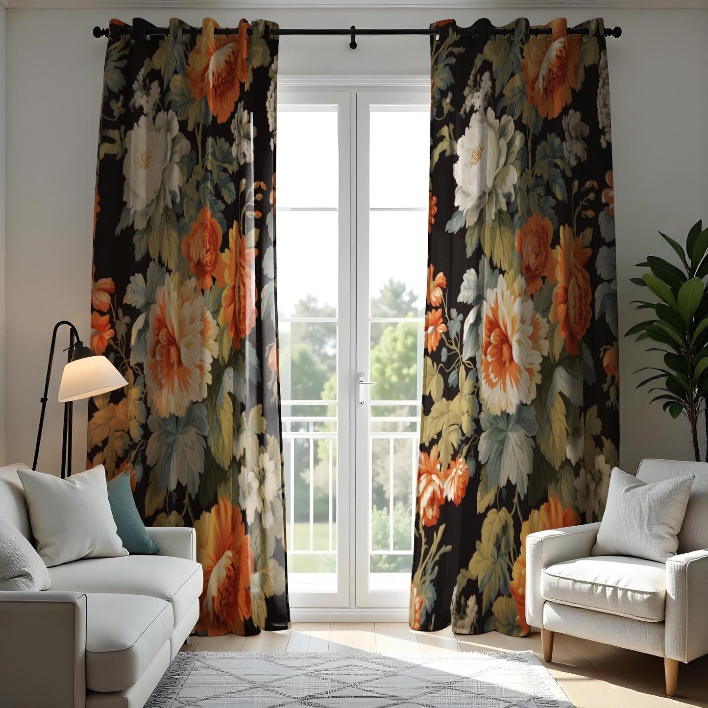 Farmhouse Floral Curtain, Orange & White Flowers Drape