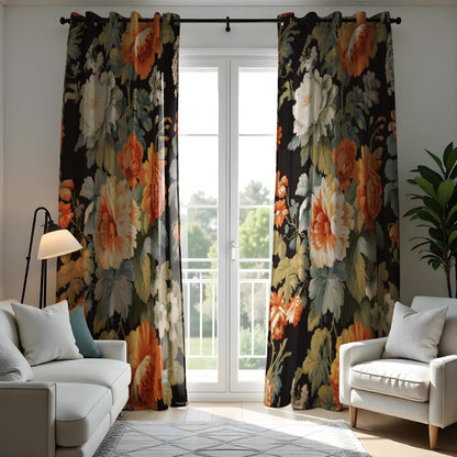 Farmhouse Floral Curtain, Orange & White Flowers Drape