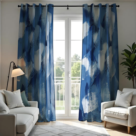 Abstract Blue Brushstroke Curtains, Modern Art Paint Window Panel