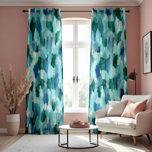 Watercolor Abstract Curtains, Blue & Green Pattern Drapes