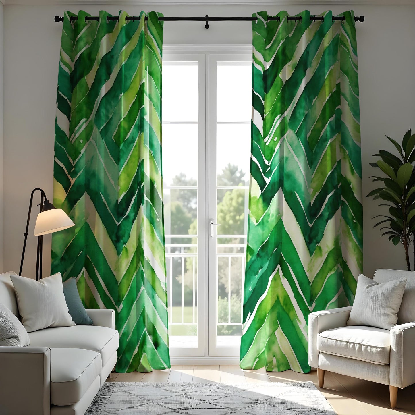 Green Chevron Watercolor Curtains, Bold Leaf Print Drapes