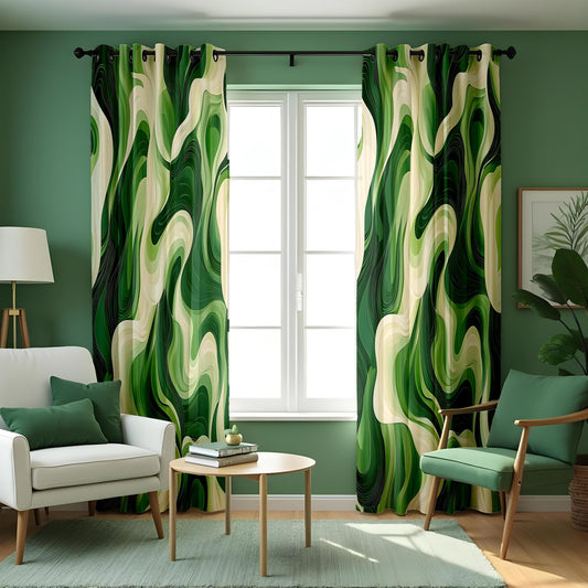 Green Wavy Pattern Curtains, Modern Bold Fluid Shape Drapes