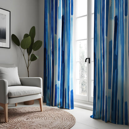 Blue Watercolor Striped Curtains, Abstract Vertical Blue Stripe