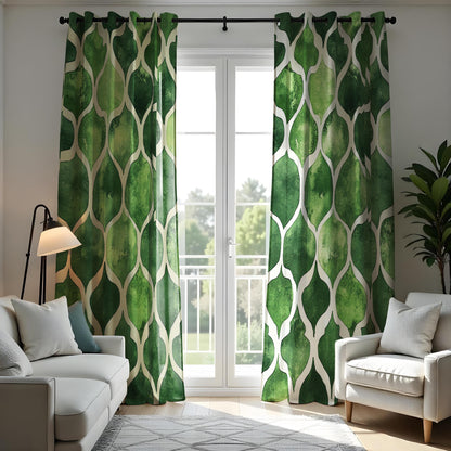 Green Geometric Curtains, Modern Moroccan Trellis Drapes