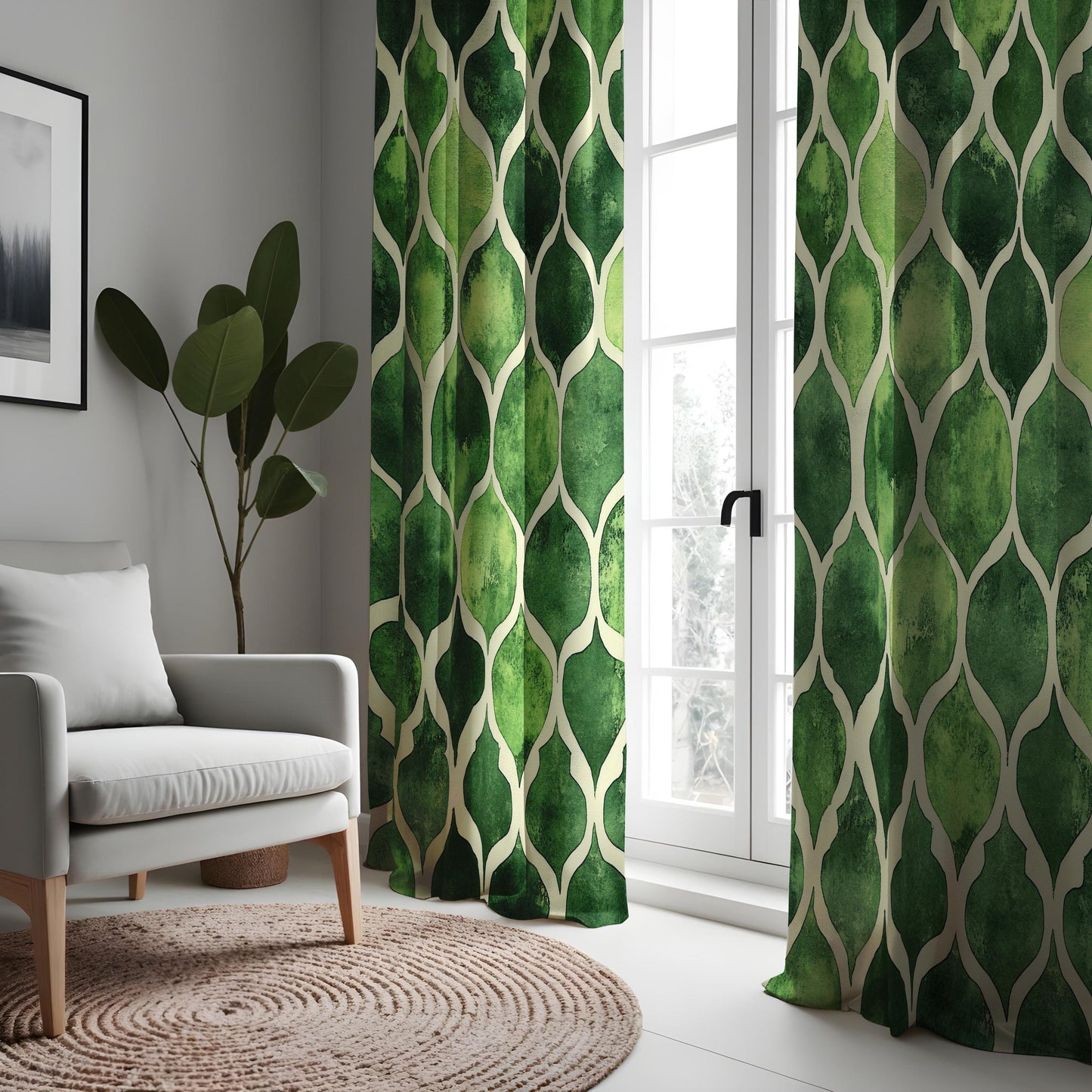 Green Geometric Curtains, Modern Moroccan Trellis Drapes