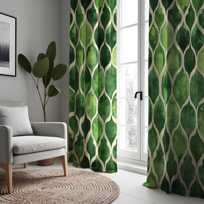Green Geometric Curtains, Modern Moroccan Trellis Drapes