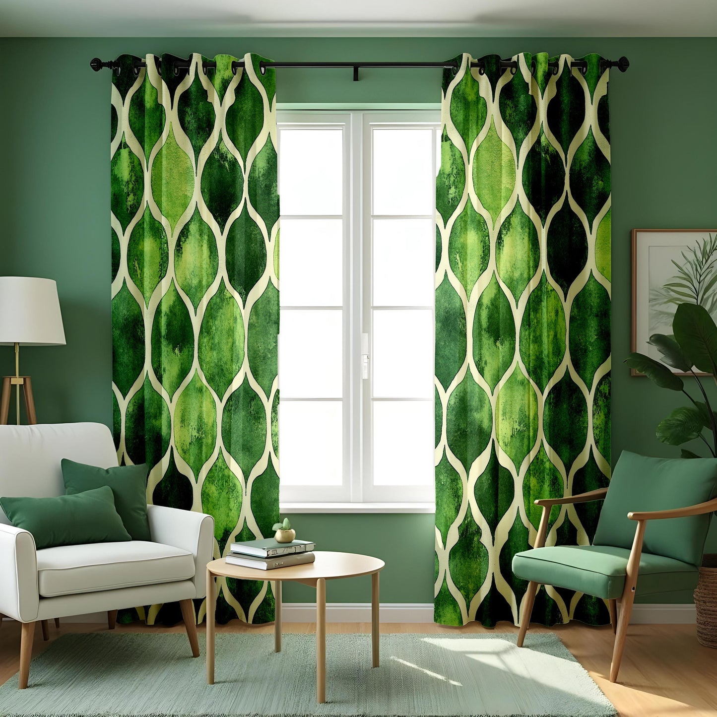 Green Geometric Curtains, Modern Moroccan Trellis Drapes