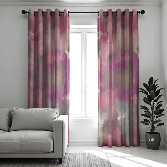 Pink & Gray Abstract Watercolor Curtains, Modern Window Treatment