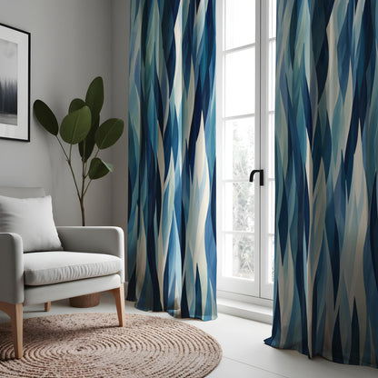 Abstract Blue Wave Curtains, Modern Watercolor Geometric Drapes