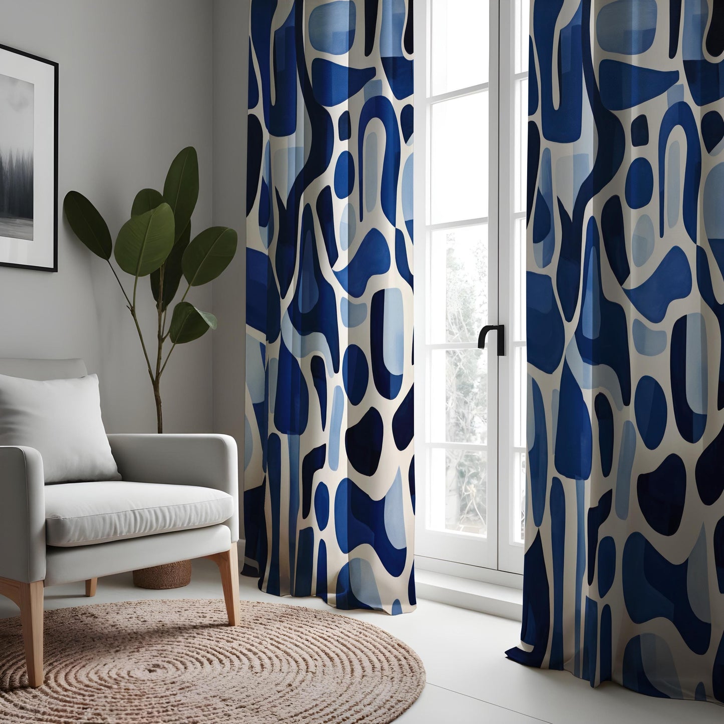Abstract Blue Curtains, Modern Art Drapes, Bold Geometric Design