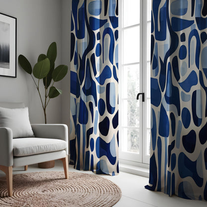 Abstract Blue Curtains, Modern Art Drapes, Bold Geometric Design