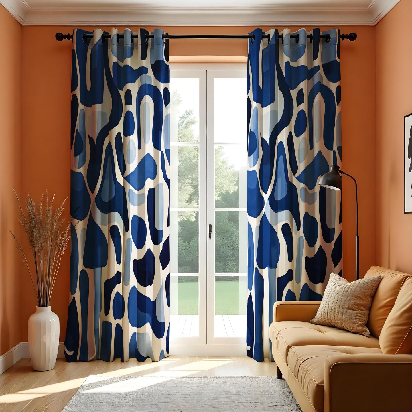 Abstract Blue Curtains, Modern Art Drapes, Bold Geometric Design