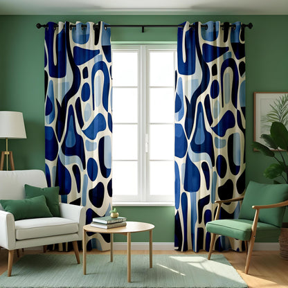 Abstract Blue Curtains, Modern Art Drapes, Bold Geometric Design