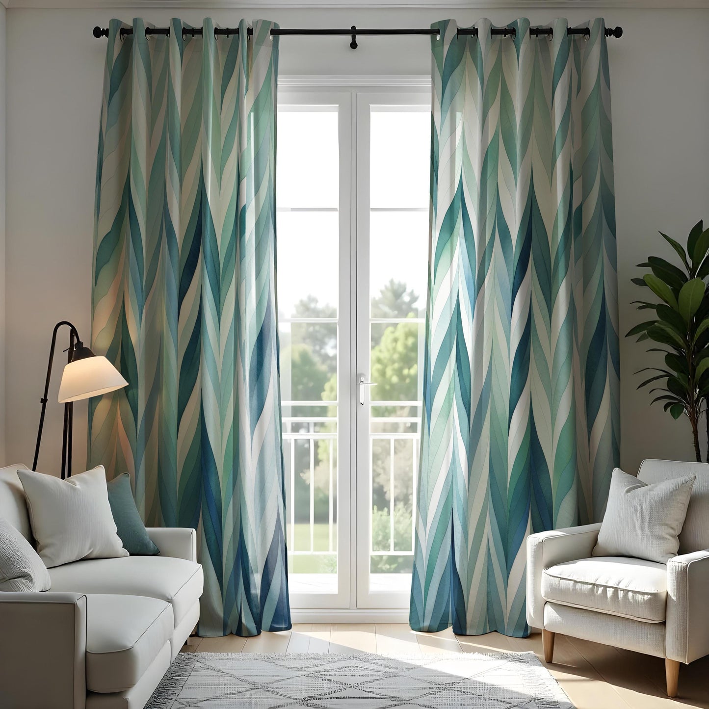 Geometric Green and Blue Curtains, Modern Abstract Pattern Drapes