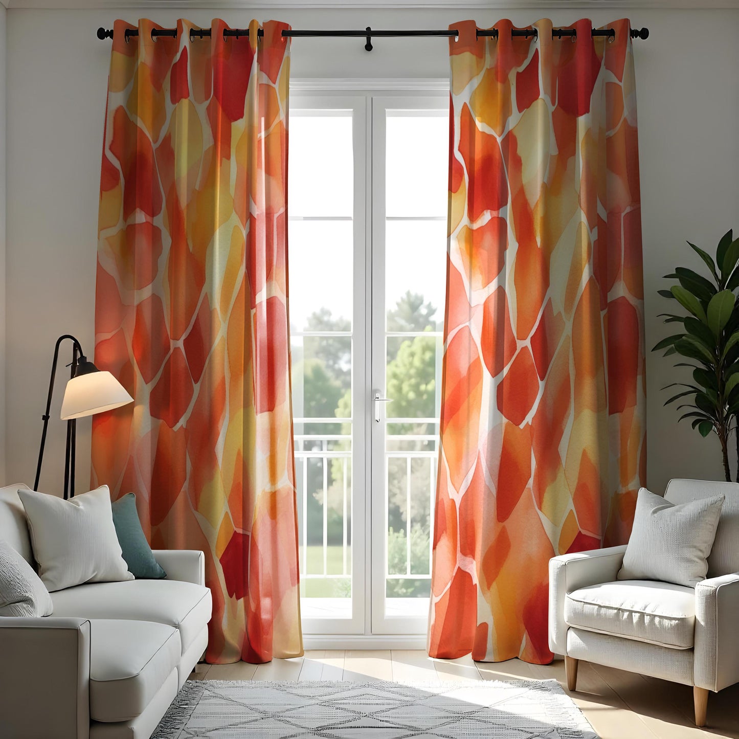 Vibrant Orange & Yellow Geometric Curtains, Abstract Colorful Drapes