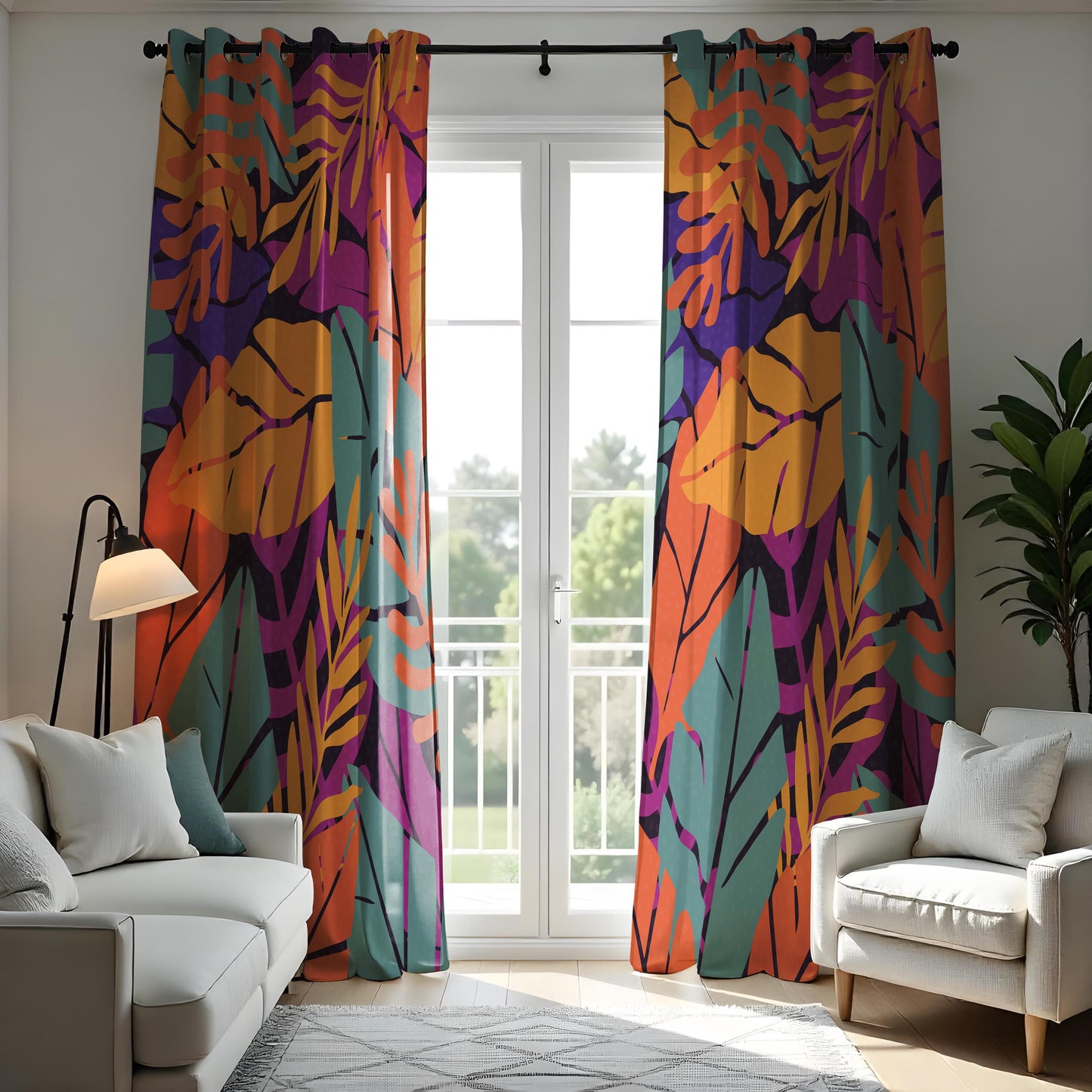 Bold Tropical Print Curtains, Abstract Colorful Leaves Drapes