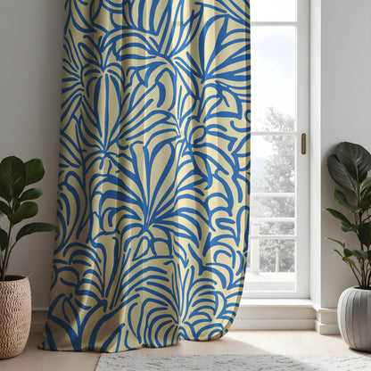 Blue Beige Tropical Leaf Curtains, Bold Botanical Flower Drapes