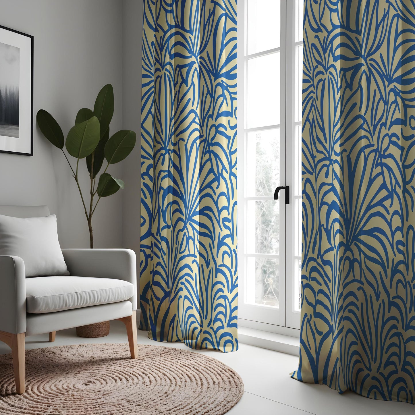 Blue Beige Tropical Leaf Curtains, Bold Botanical Flower Drapes