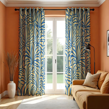 Blue Beige Tropical Leaf Curtains, Bold Botanical Flower Drapes