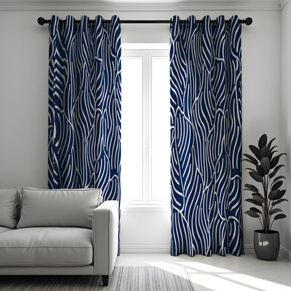 Navy Blue Abstract Leaf Curtains, Modern Minimalist Drapes