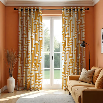 Mustard Maze Curtain, Modern Geometric Drape, Contemporary Home