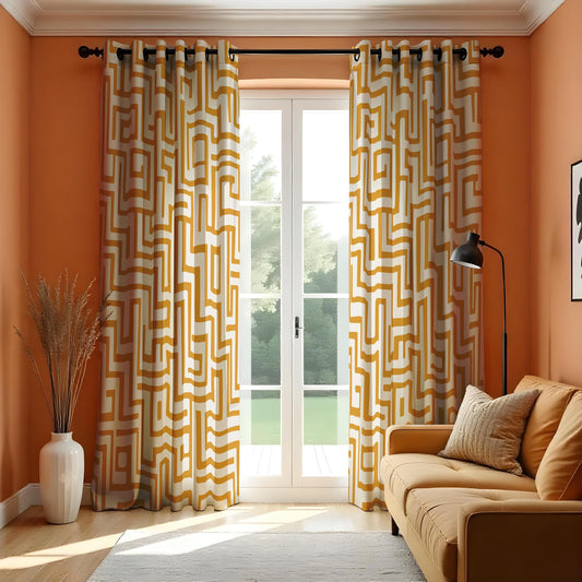 Mustard Maze Curtain, Modern Geometric Drape, Contemporary Home