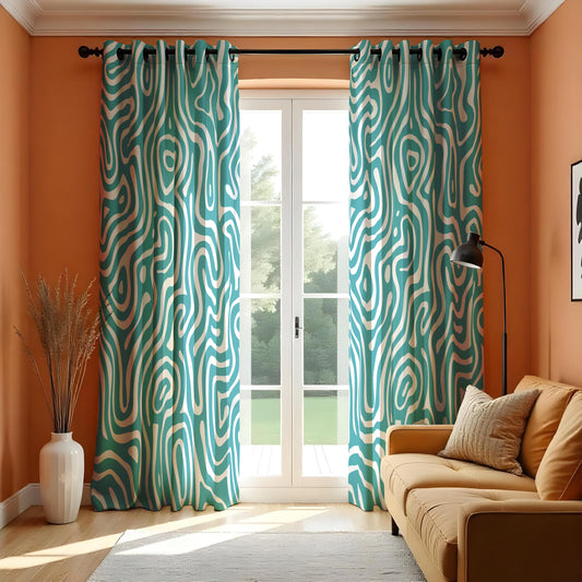 Abstract Wave Design Curtains, Modern Geometric Drapes, Teal & White