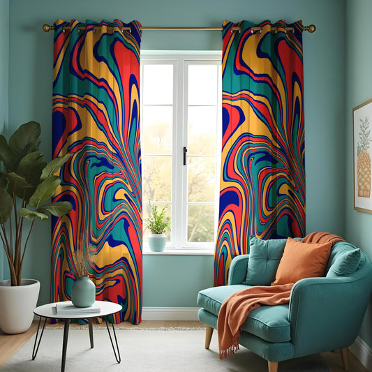 Vibrant Abstract Swirl Curtains, Colorful Retro Design Drapes