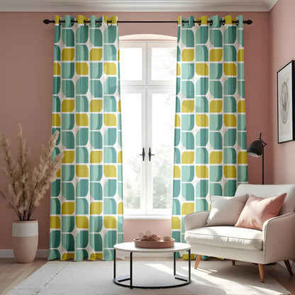 Modern Geometric Teal & Yellow Curtains, Retro Abstract Window