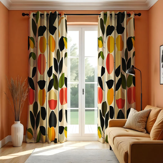 Mid Century Modern Floral Curtains, Bold Abstract Leaf & Flower Drapes