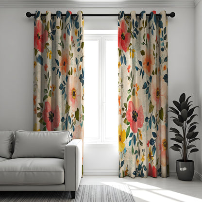 Vibrant Red and Yellow Floral Curtains, Boho Chic Window Treatment