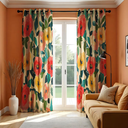 Floral Print Curtains, Vibrant Red & Yellow Poppies with Green Leaves